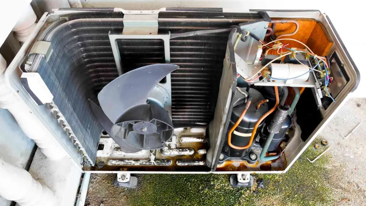 Vista detallada de las partes de un aire acondicionado domestico: ventilador, compresores y serpentín.