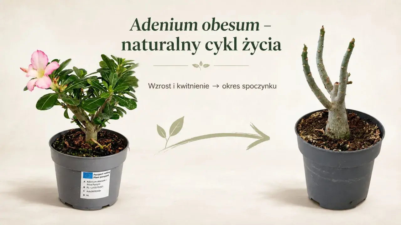Kwiat pustyni, roślina Adenium obesum, pokazuje swój naturalny cykl życia: od kwitnienia do okresu spoczynku.