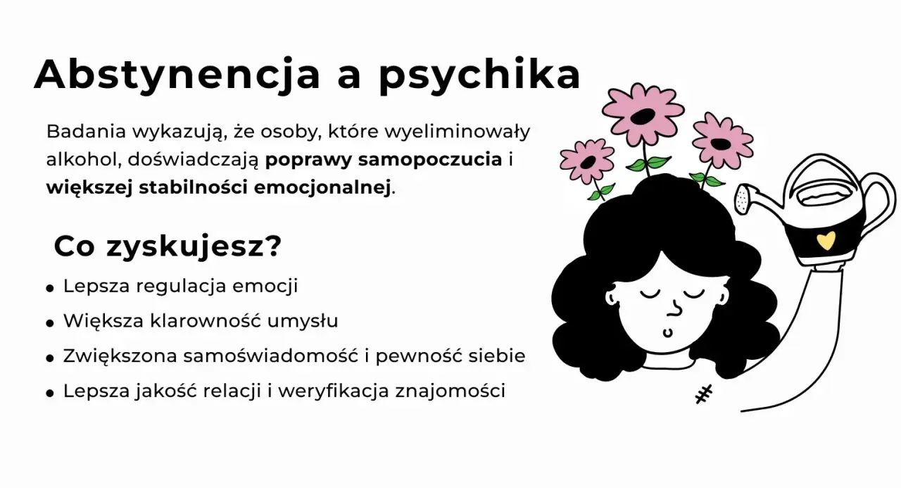 Abstynencja co to? Grafika ilustruje, jak rezygnacja z alkoholu poprawia samopoczucie, stabilność emocjonalną i samoświadomość, niczym podlewanie kwiatów w głowie.