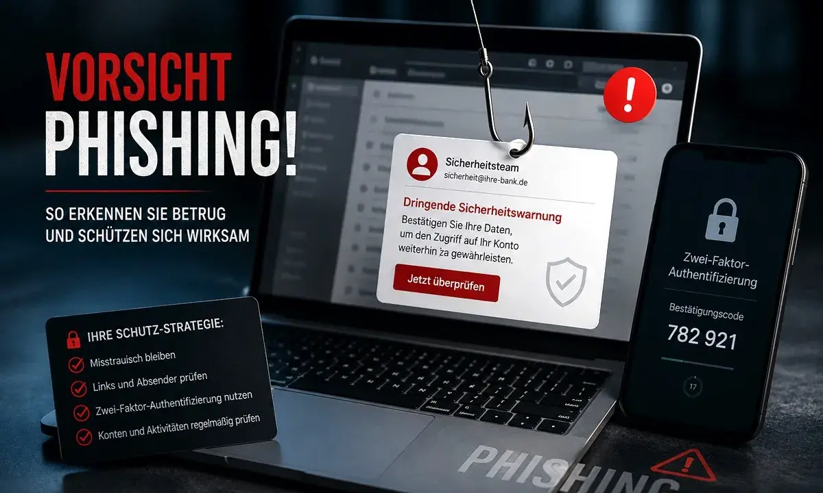 Vorsicht Phishing! Wenn Sie auf einen Betrug reingefallen sind, was tun? Die Grafik zeigt eine Angelrute mit einem Haken, der auf einen Laptop mit einer gefälschten Sicherheitswarnung zielt. Daneben ein Smartphone mit Zwei-Faktor-Authentifizierung.