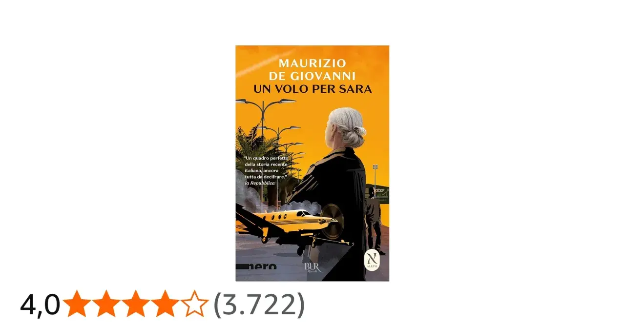 Copertina del libro "Un volo per Sara" di Maurizio de Giovanni. Una donna guarda un aereo privato al tramonto.