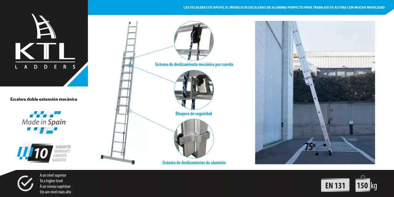 Escalera de aluminio KTL con sistema de deslizamiento mecánico y bloqueo de seguridad, ideal para trabajos en altura. La altura escalon es perfecta para alcanzar cualquier punto.