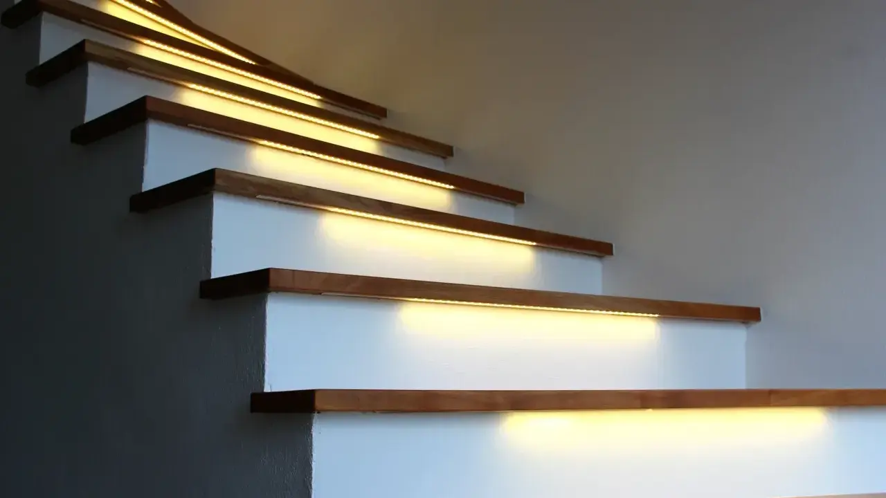 Nowoczesne lampy na klatkę schodową subtelnie oświetlają drewniane stopnie, tworząc ciepłą i bezpieczną atmosferę.