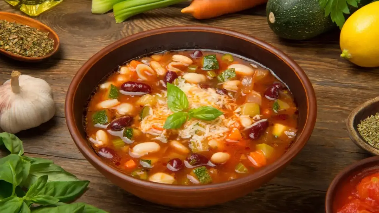 Un fumante minestrone di verdure, ricco di fagioli, zucchine e carote, guarnito con basilico fresco e parmigiano.