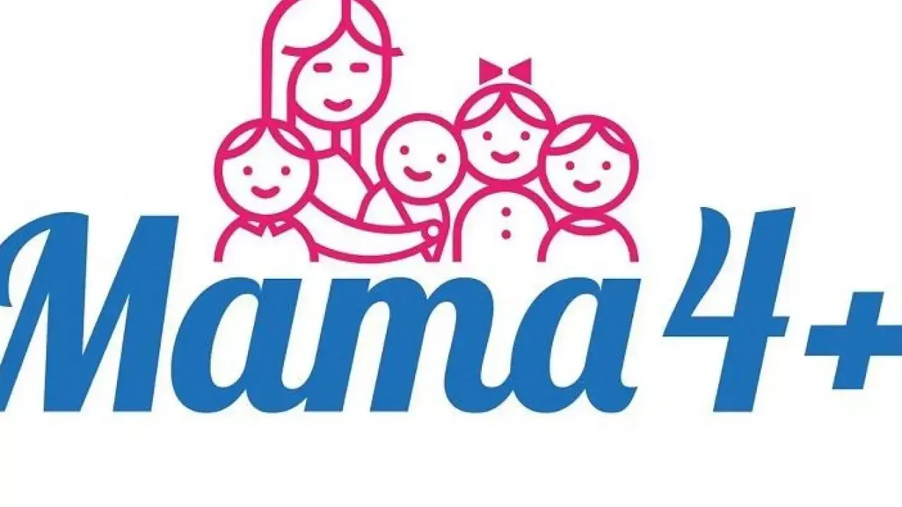 Mama 4+ - symbol rodziny z dziećmi, sugerujący korzyści dla rodziców, np. emerytura za 4 dzieci.