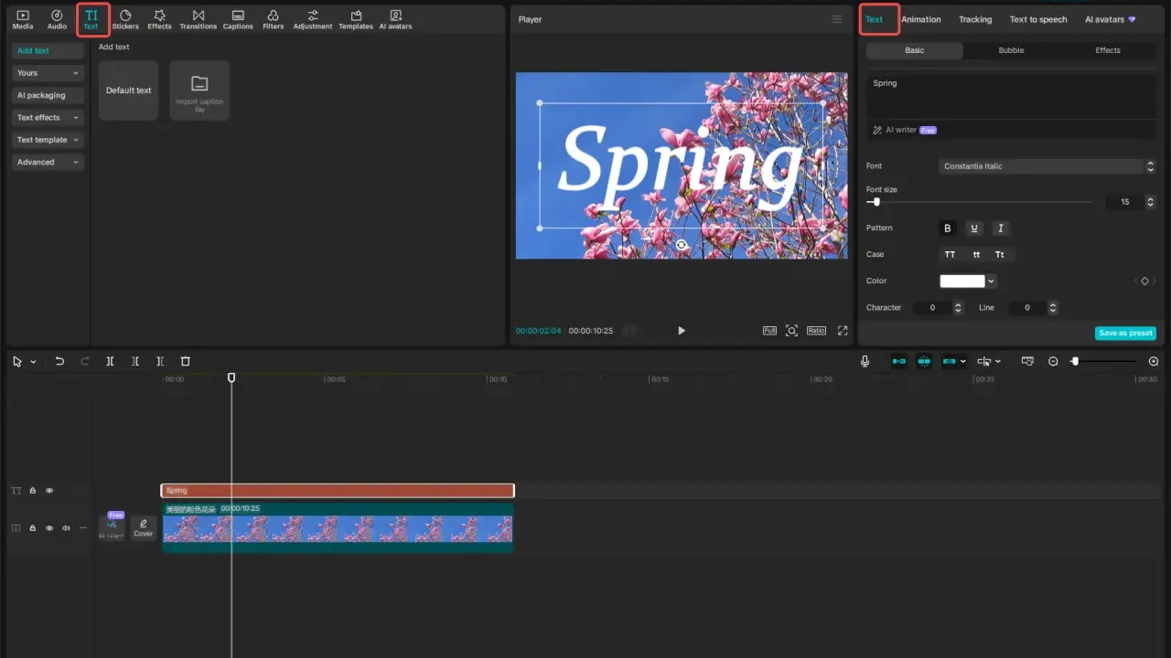 Edytor wideo z opcjami tekstu: dodawanie, formatowanie i stylizacja napisu "Spring" na tle kwitnącej wiśni.