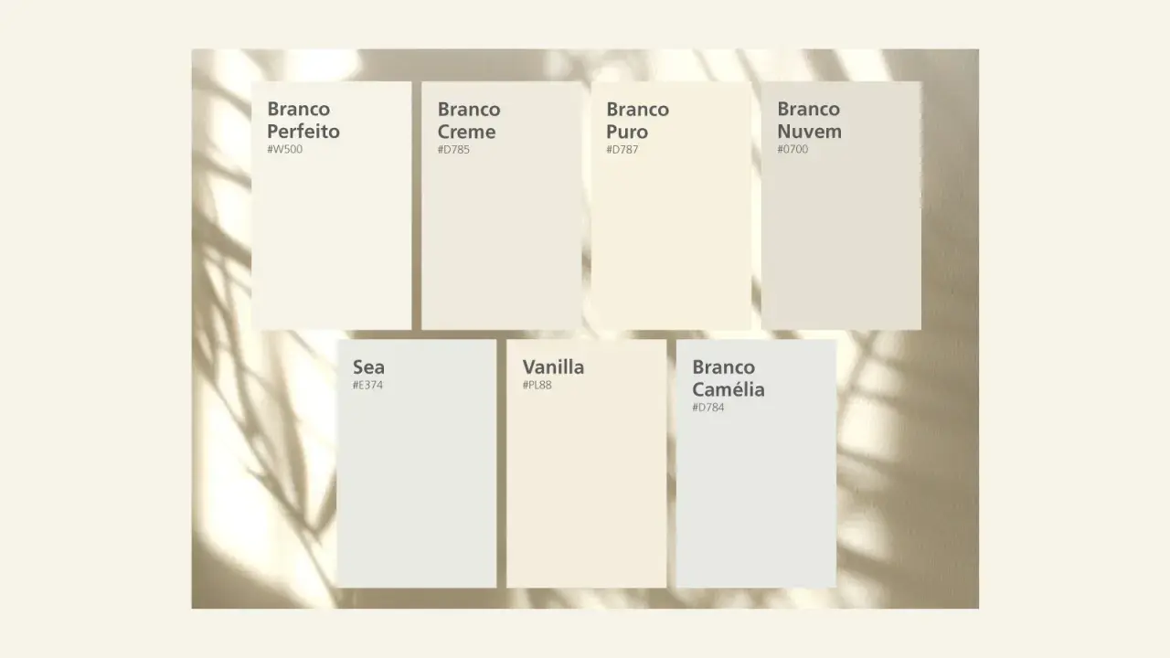Paleta de colores que muestra cuántos tonos de blanco hay: Branco Perfeito, Creme, Puro, Nuvem, Sea, Vanilla y Camélia.