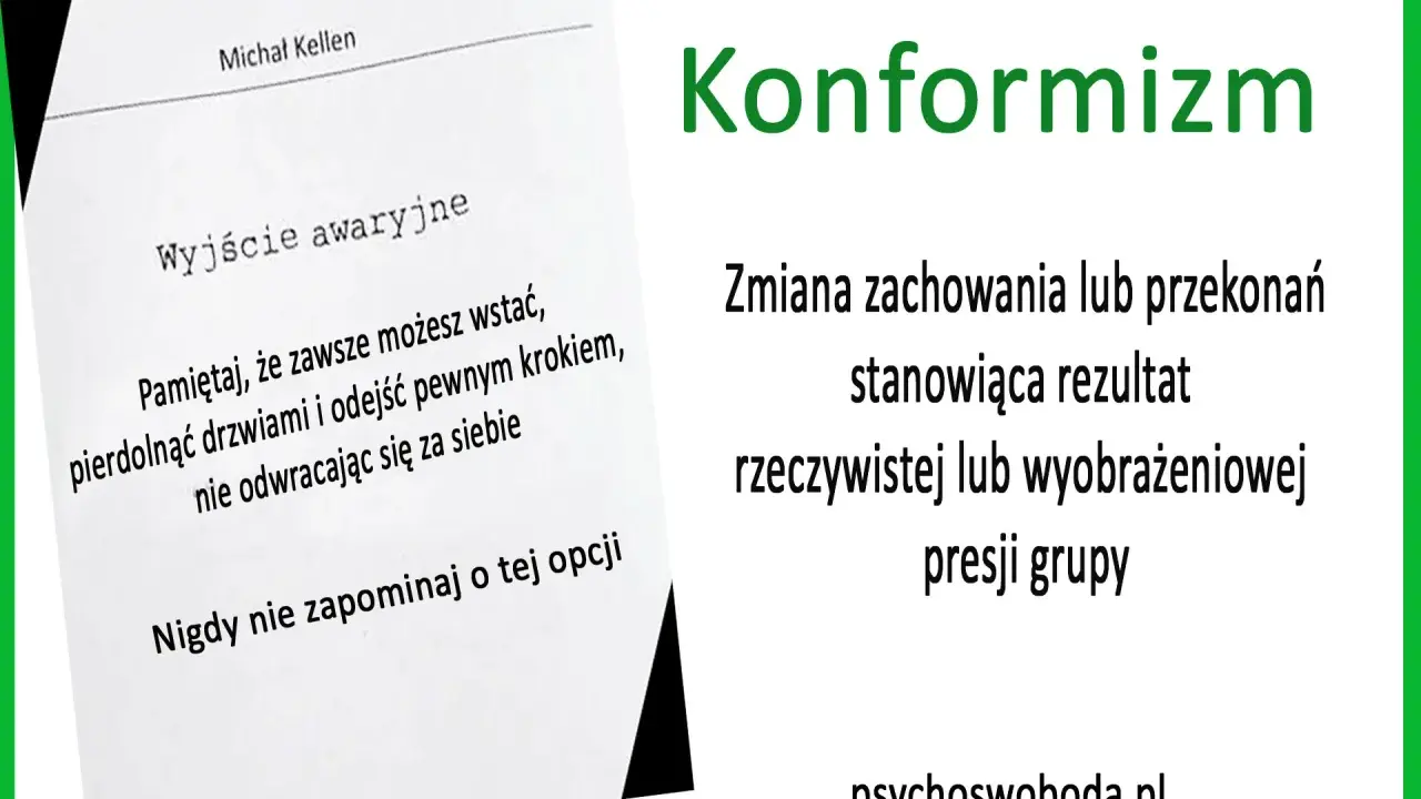 Konformizm: zmiana zachowania pod presją grupy. Pamiętaj o wyjściu awaryjnym, gdy czujesz się przytłoczony.