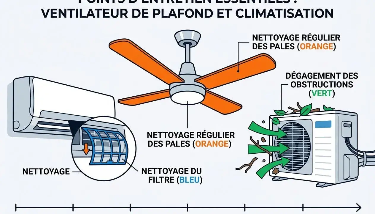 Entretien d'un ventilateur de plafond et d'un climatiseur : nettoyage des pales et des filtres. Le mode fan du climatiseur est essentiel.