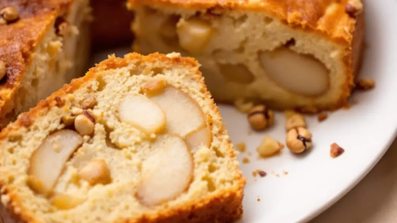 Tranche de gâteau poires amandes moelleux, parsemé de noisettes entières et de morceaux d'amandes.
