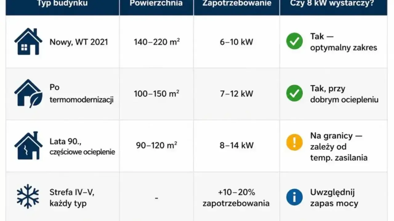 Tabela porównuje zapotrzebowanie na moc dla pomp ciepła w zależności od typu budynku i jego powierzchni. Dofinansowanie na pompę ciepła może zależeć od tych parametrów.