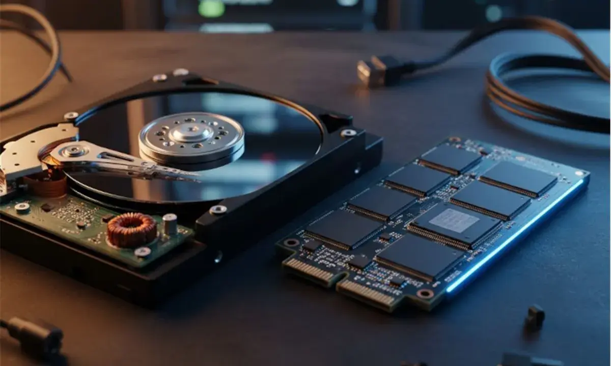 Un disque dur externe SSD et un HDD côte à côte, prêts pour le stockage de données.