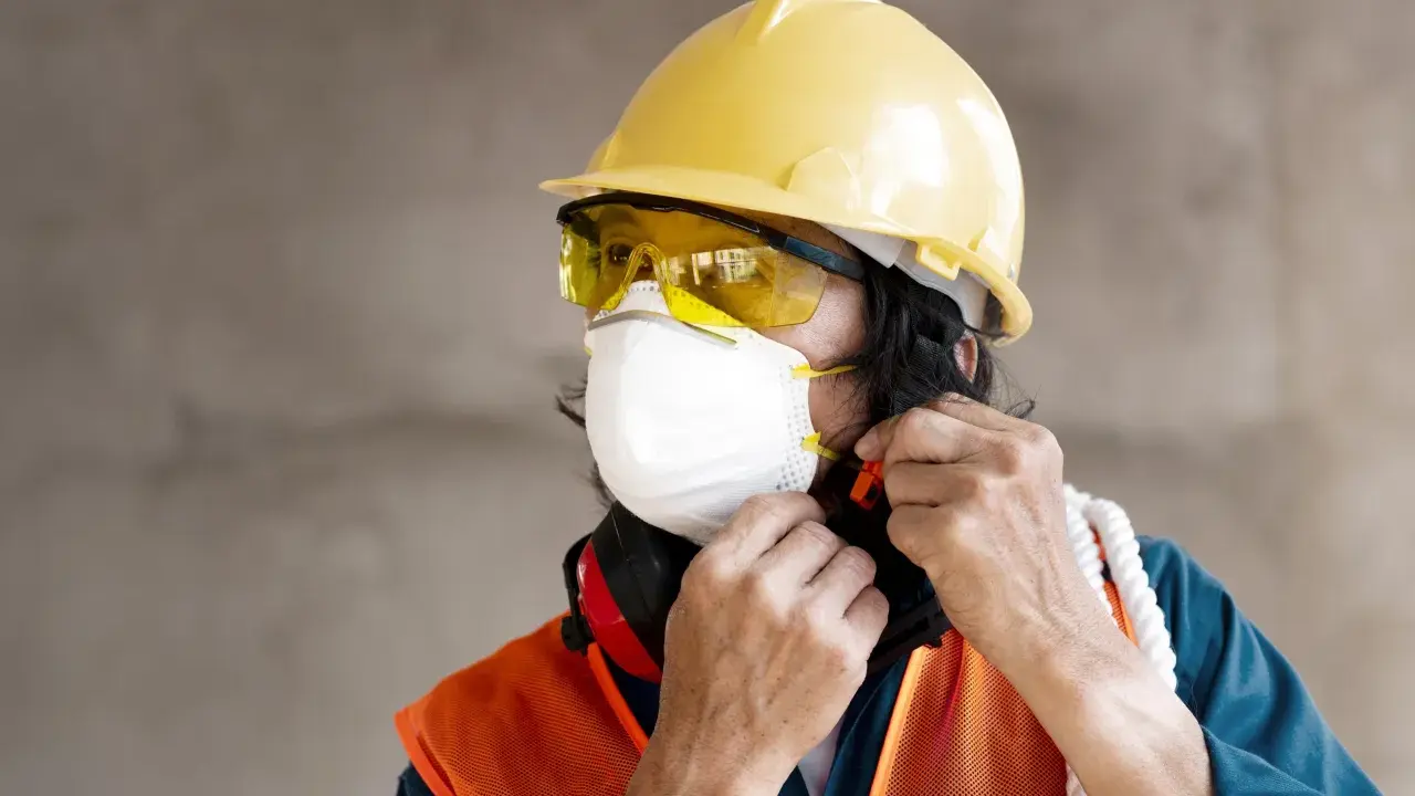 Trabajador ajustando su mascarilla, gafas y epi casco amarillo. Chaleco naranja y protectores auditivos rojos.