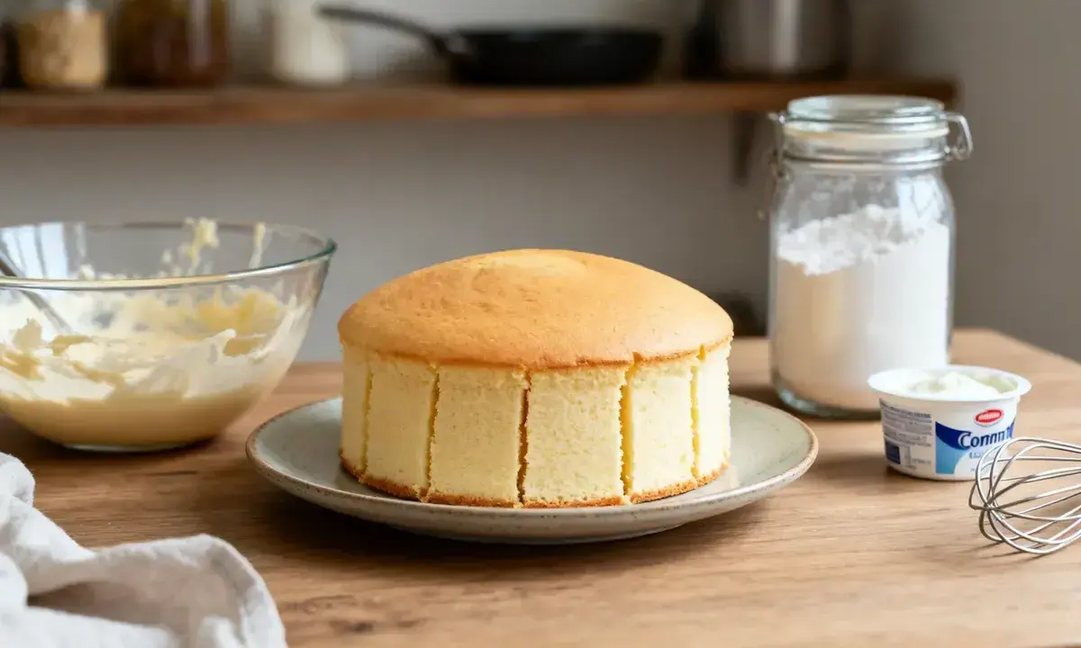 Un délicieux gâteau au yaourt, prêt à être décoré. À côté, un bol de crème, un pot de yaourt et de la farine.
