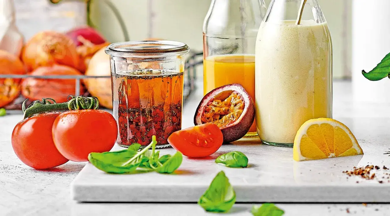 Ein Glas mit asiatischem Salatdressing, Tomaten, Passionsfrucht, Orange und Kräutern.