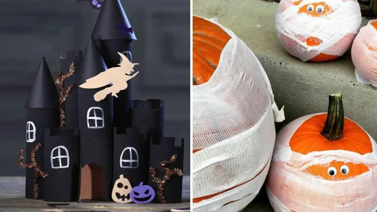 Château noir effrayant et citrouilles momies pour une déco halloween à faire soi-même.