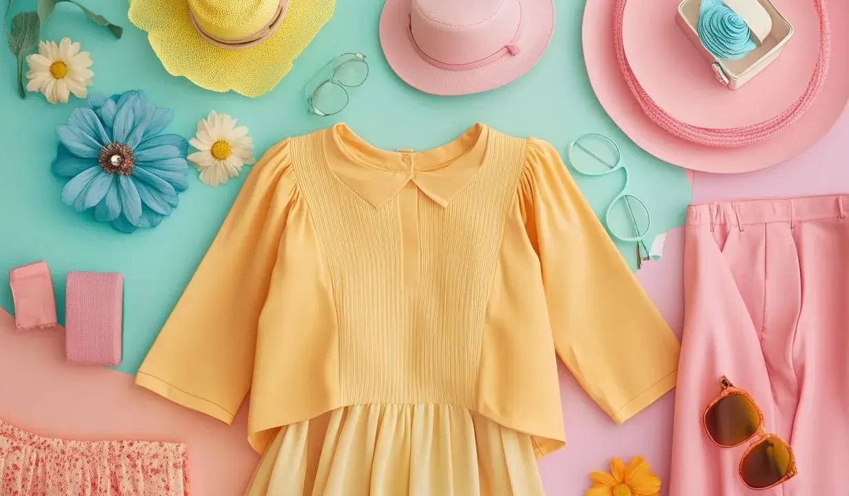 Un'esplosione di **colori caldi**: un outfit estivo con camicetta gialla, pantaloni rosa, cappelli e accessori floreali.