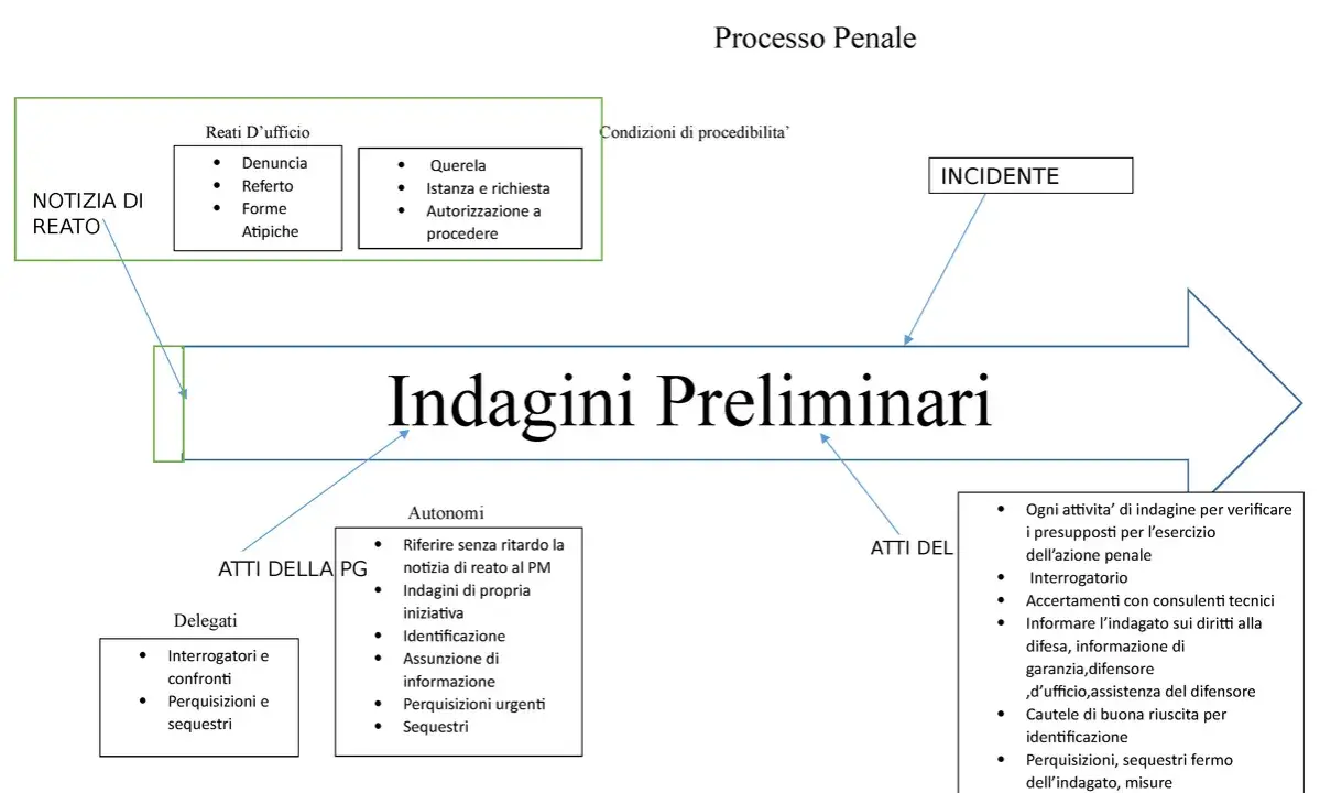 Schema del processo penale: dalla notizia di reato alle indagini preliminari, con dettagli su atti e deleghe. Sommarie informazioni 351.