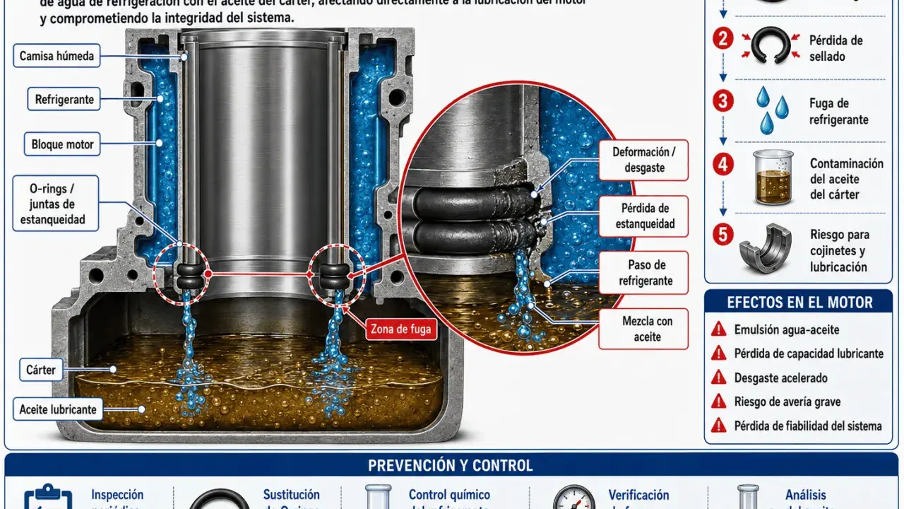 Corte transversal de un bloque motor mostrando la fuga de refrigerante a través de O-rings defectuosos, contaminando el aceite.