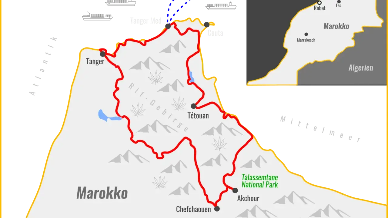Karte von Marokko mit dem Rif-Gebirge, Tanger, Tétouan, Chefchaouen und dem Talassemtane Nationalpark.