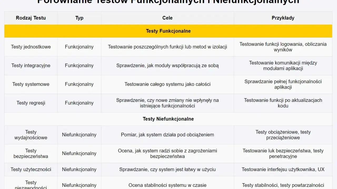 Tabela porównująca testy funkcjonalne i niefunkcjonalne, ich cele i przykłady. Zawiera różne rodzaje testów, np. jednostkowe, integracyjne, systemowe, regresji, wydajnościowe, bezpieczeństwa, użyteczności i niezawodności.