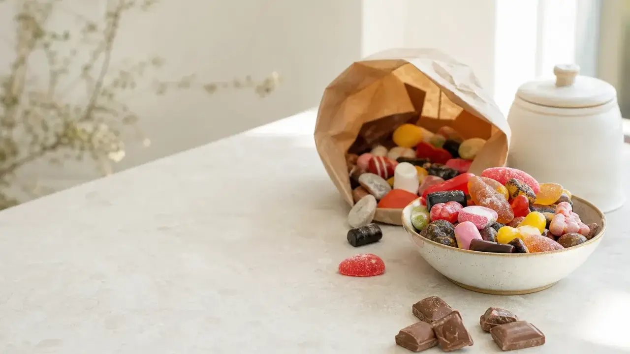 En skål med blandat godis, inklusive geléhallon och chokladbitar, bredvid en papperspåse som svämmar över av fler sötsaker. Perfekt för att temperera choklad till bakning.
