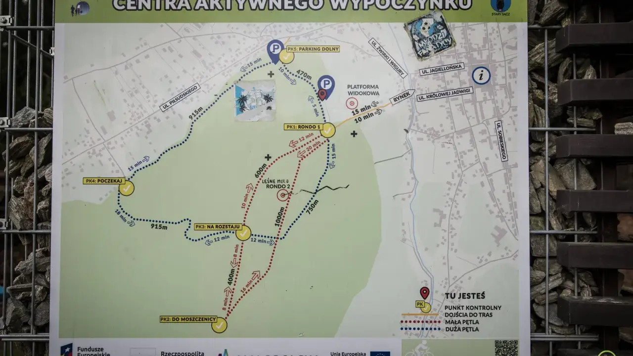 Mapa szlaków pieszych w Starym Sączu, z zaznaczonym leśnym molem, punktami kontrolnymi i czasami przejść.