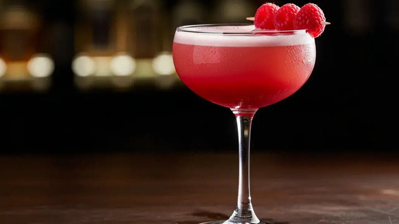 En vackert rosa raspberry sour-cocktail, garnerad med tre färska hallon på en träpinne, står på ett mörkt träbord.