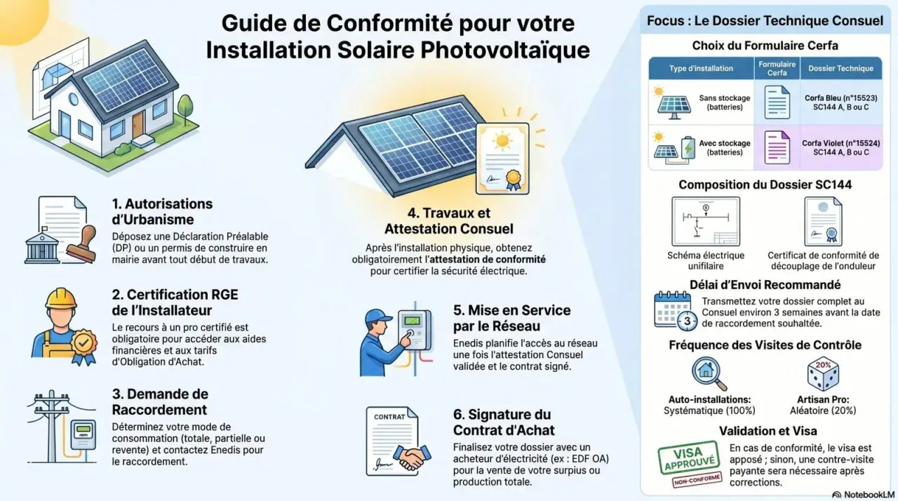 Guide pour une installation solaire photovoltaïque : étapes clés, formulaires Cerfa et composition du dossier SC144 pour votre centrale panneau solaire.