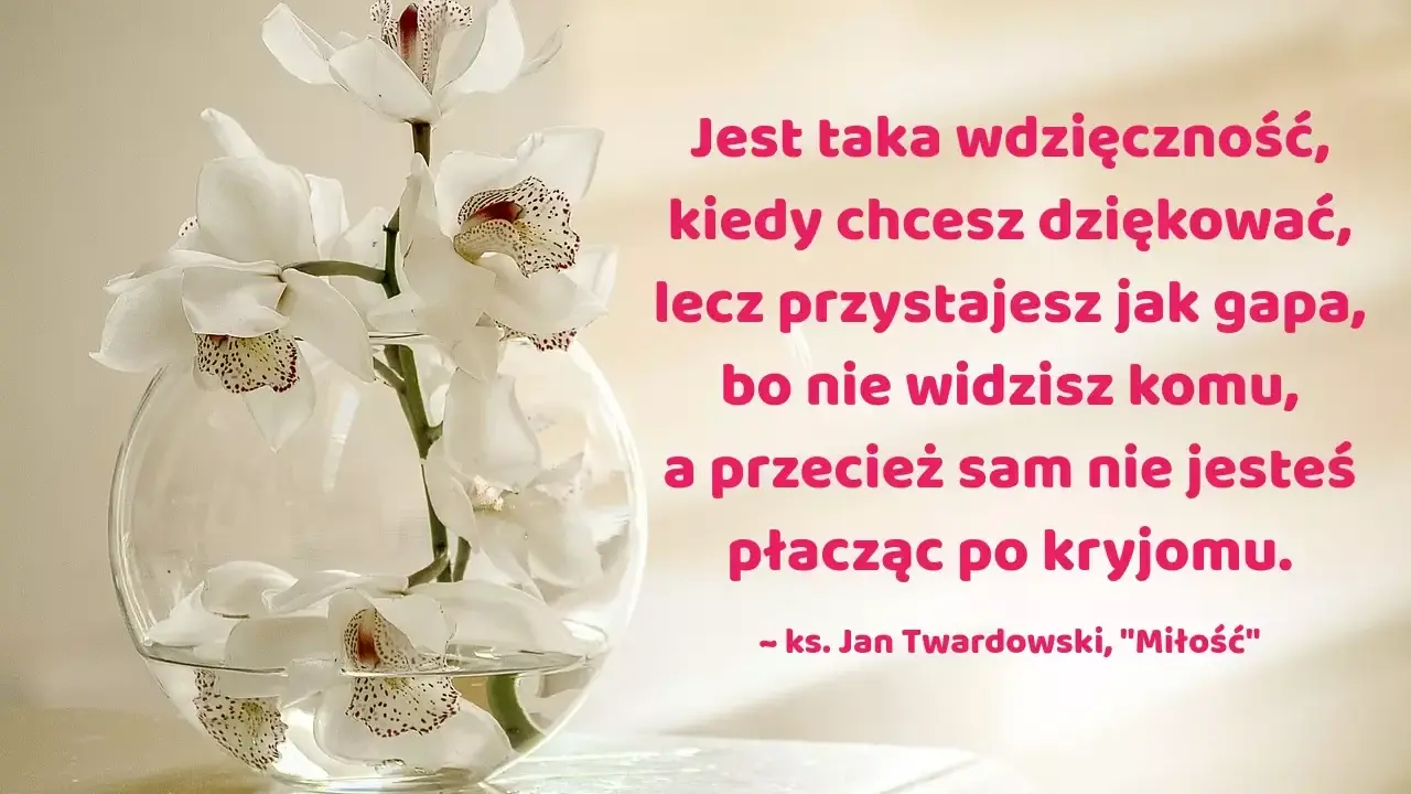 Białe orchidee w szklanej kuli. Cytat ks. Jana Twardowskiego o wdzięczności. Jan Lechicki aforyzmy alfabetycznie.