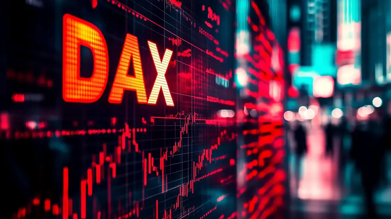 Gráfico de bolsa con el logo DAX en rojo brillante sobre un fondo oscuro. Luces de ciudad borrosas al fondo.