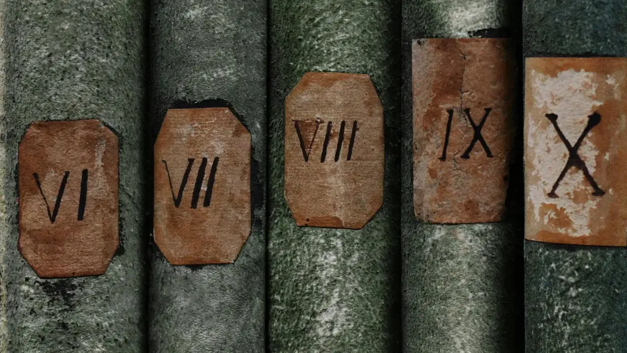 Alte Bücher mit grünen Einbänden, auf denen die lateinischen Zahlen VI, VII, VIII, IX und X stehen.