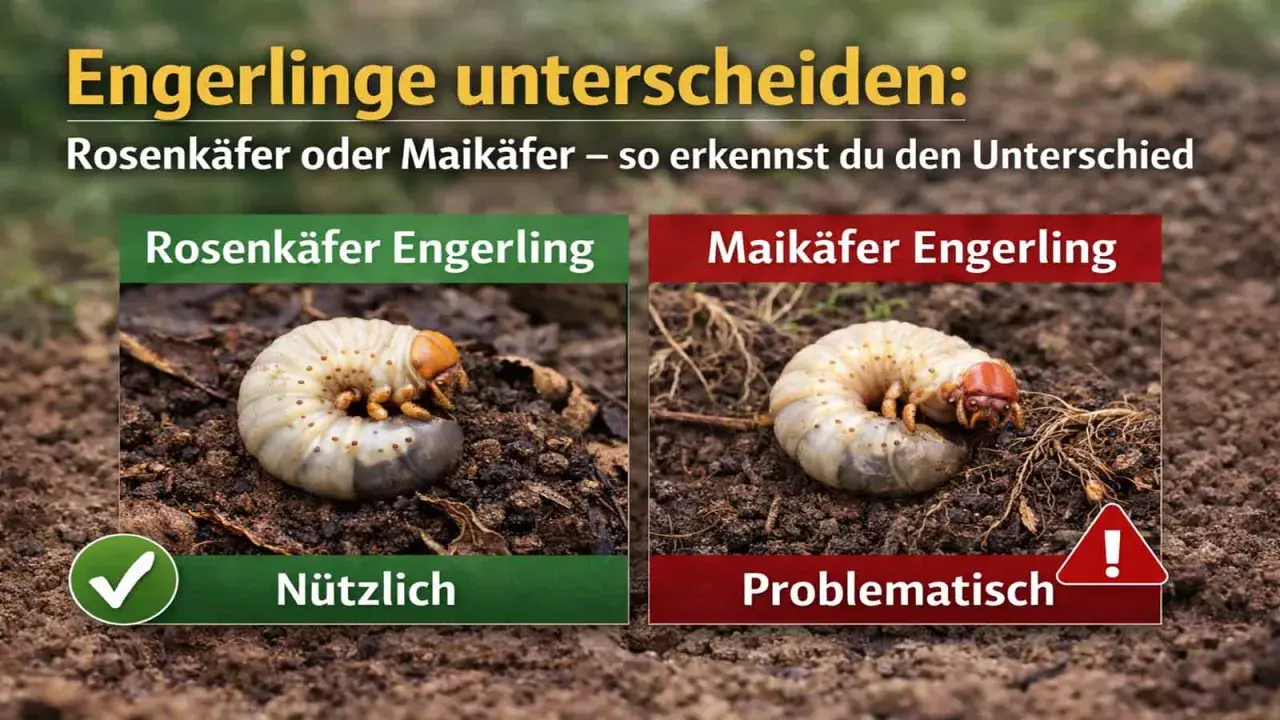 Zwei Engerlinge im Vergleich: Links der nützliche Rosenkäfer-Engerling, rechts der problematische Maikäfer-Engerling. So kannst du sie unterscheiden.