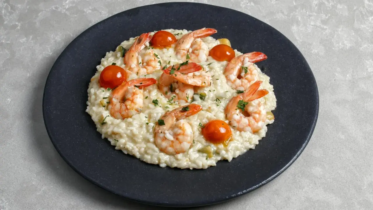 Kremowe risotto z krewetkami, pomidorkami koktajlowymi i posiekaną natką pietruszki na czarnym talerzu.