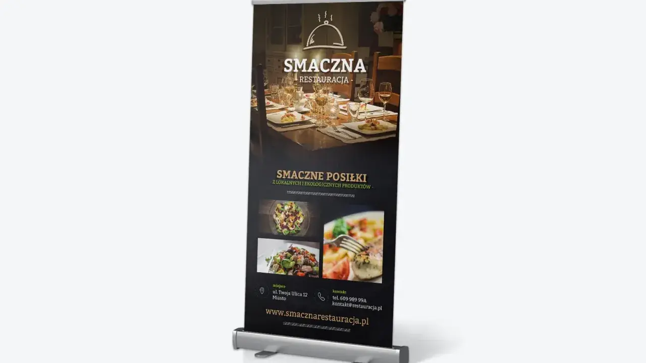 Projekt roll upu restauracji "Smaczna". Reklama promuje smaczne posiłki z lokalnych i ekologicznych produktów.