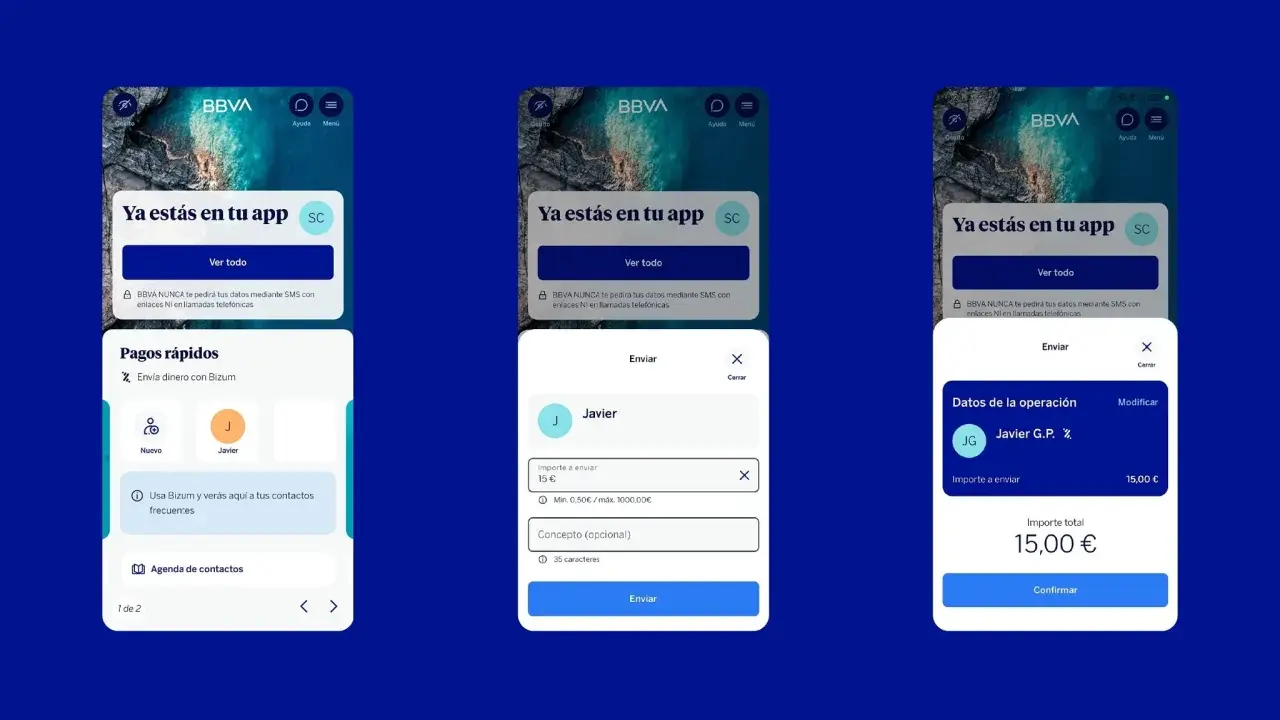Envío de dinero con Bizum en la app BBVA. Javier envía 15€ a Javier G.P.
