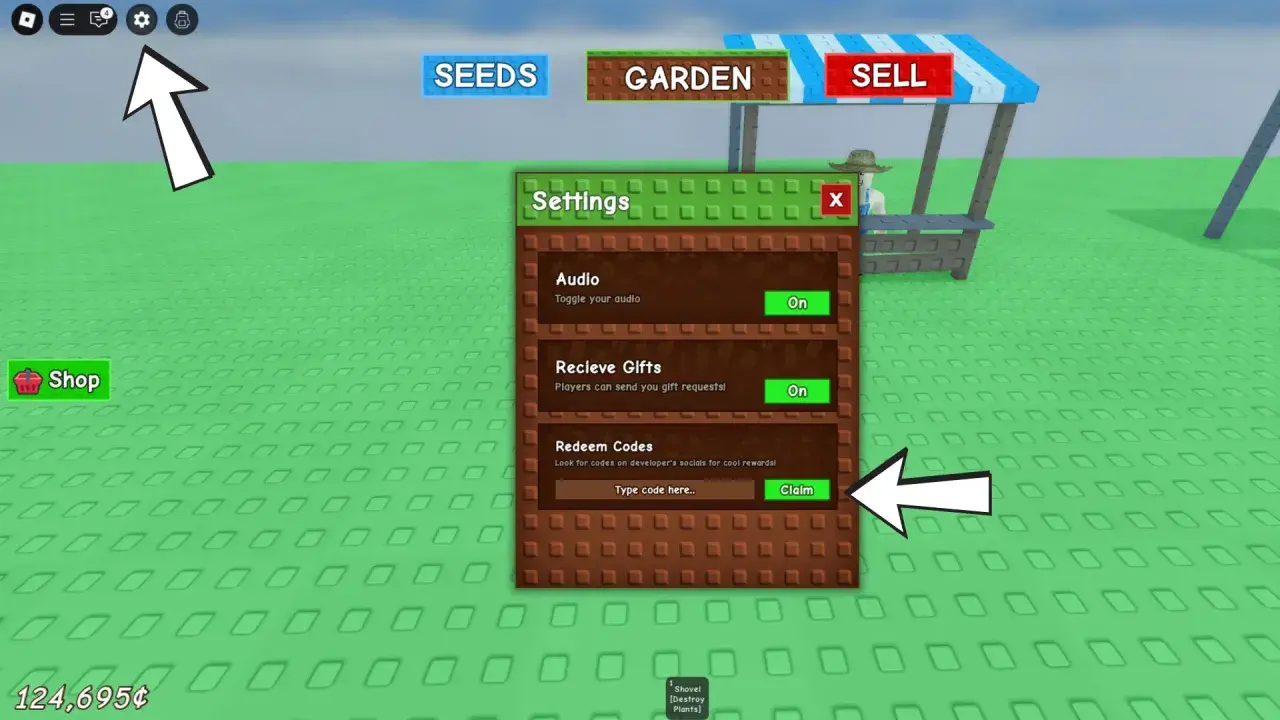 Ustawienia gry z opcją wpisywania kodów do grow a garden, aby zdobyć nagrody.