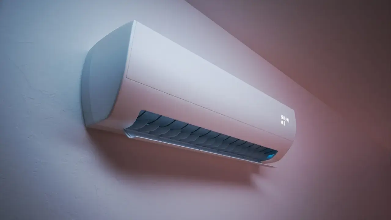 Aire acondicionado moderno en pared, mostrando su potencia nominal para un confort óptimo.