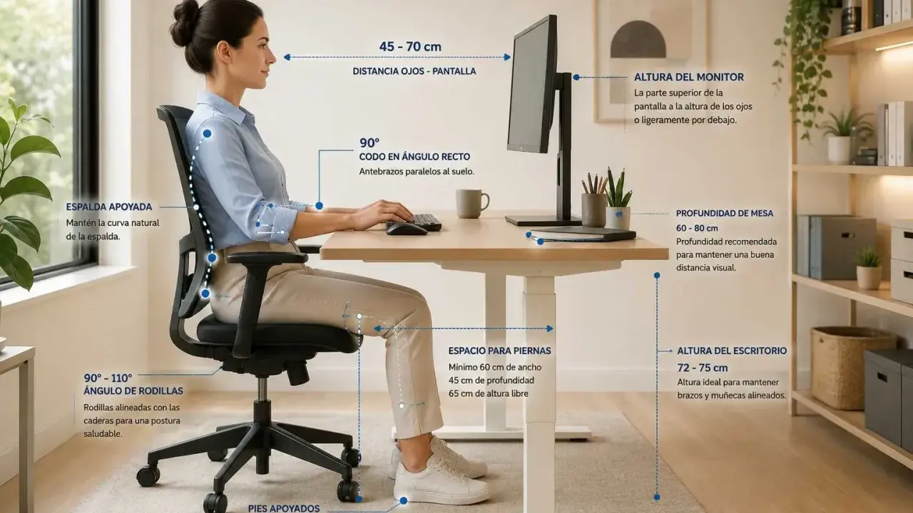 Mujer adulta trabajando en un escritorio ajustable, mostrando la altura ideal del escritorio para adultos y una postura ergonómica.