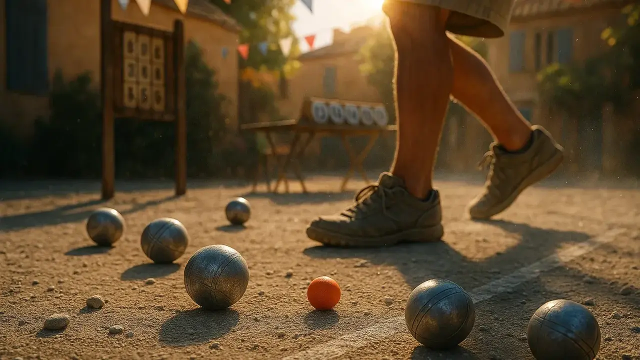 Un joueur s'élance lors d'une compétition de pétanque ensoleillée. Des boules métalliques et une petite cochonnet orange sont dispersés sur le terrain de terre battue.