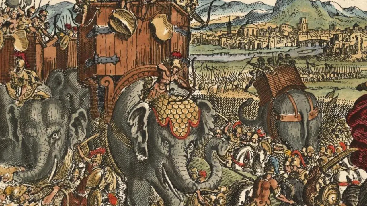 Antike Schlacht mit Elefanten und Soldaten. Ein Sieg, der teuer erkauft wurde, wie die vielen Verluste andeuten – ein Pyrrhussieg.