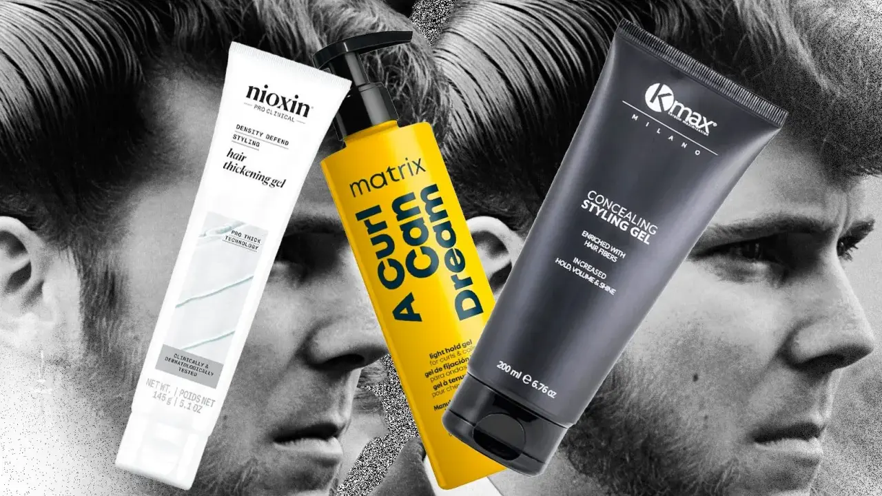 Tre flaconi di gel per capelli, uno bianco Nioxin, uno giallo Matrix e uno nero K-max, sovrapposti a volti maschili in bianco e nero. Il gel fa male ai capelli?
