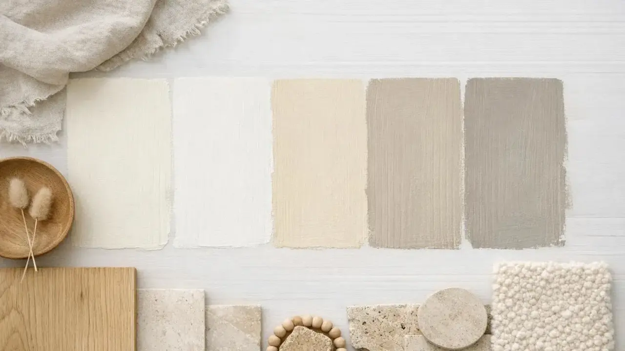 Palette de couleurs douces : échantillons de peinture écru et blanc cassé, bois, pierre et tissu texturé.