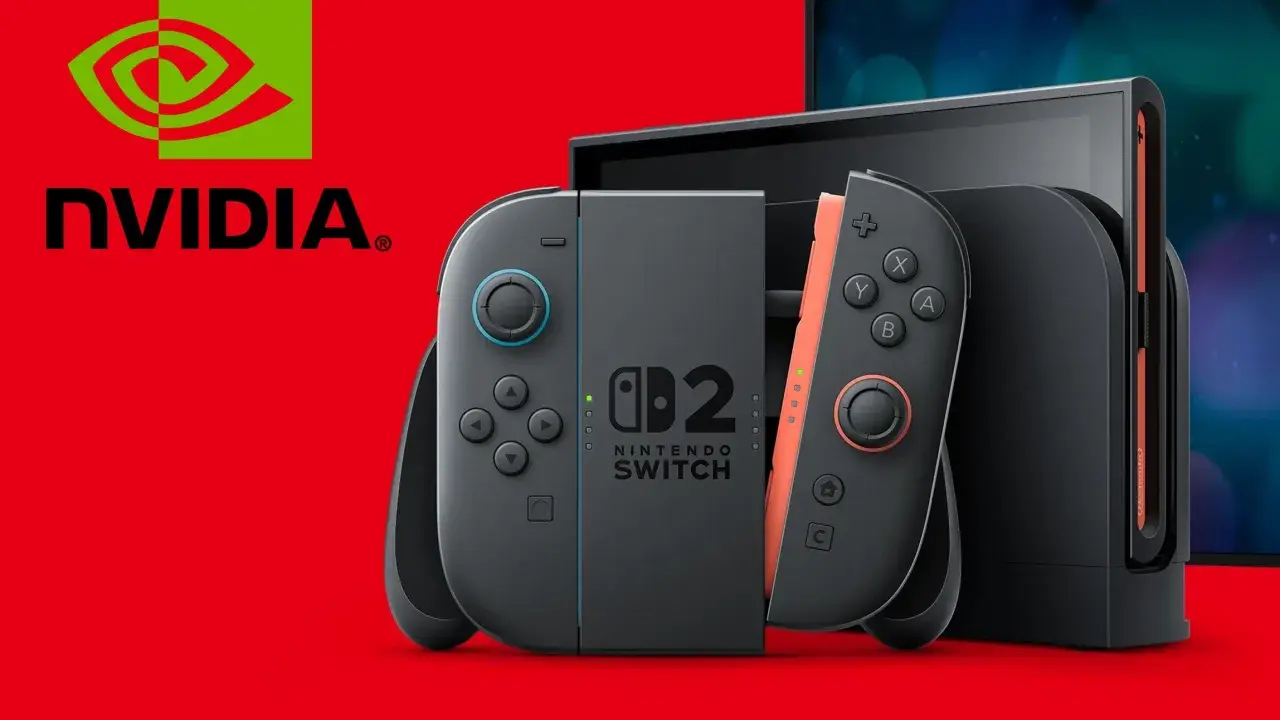 Nintendo Switch z kontrolerami, logo NVIDIA i ekranem. Technologia dynamiczne skalowanie rozdzielczości zapewnia płynną rozgrywkę.