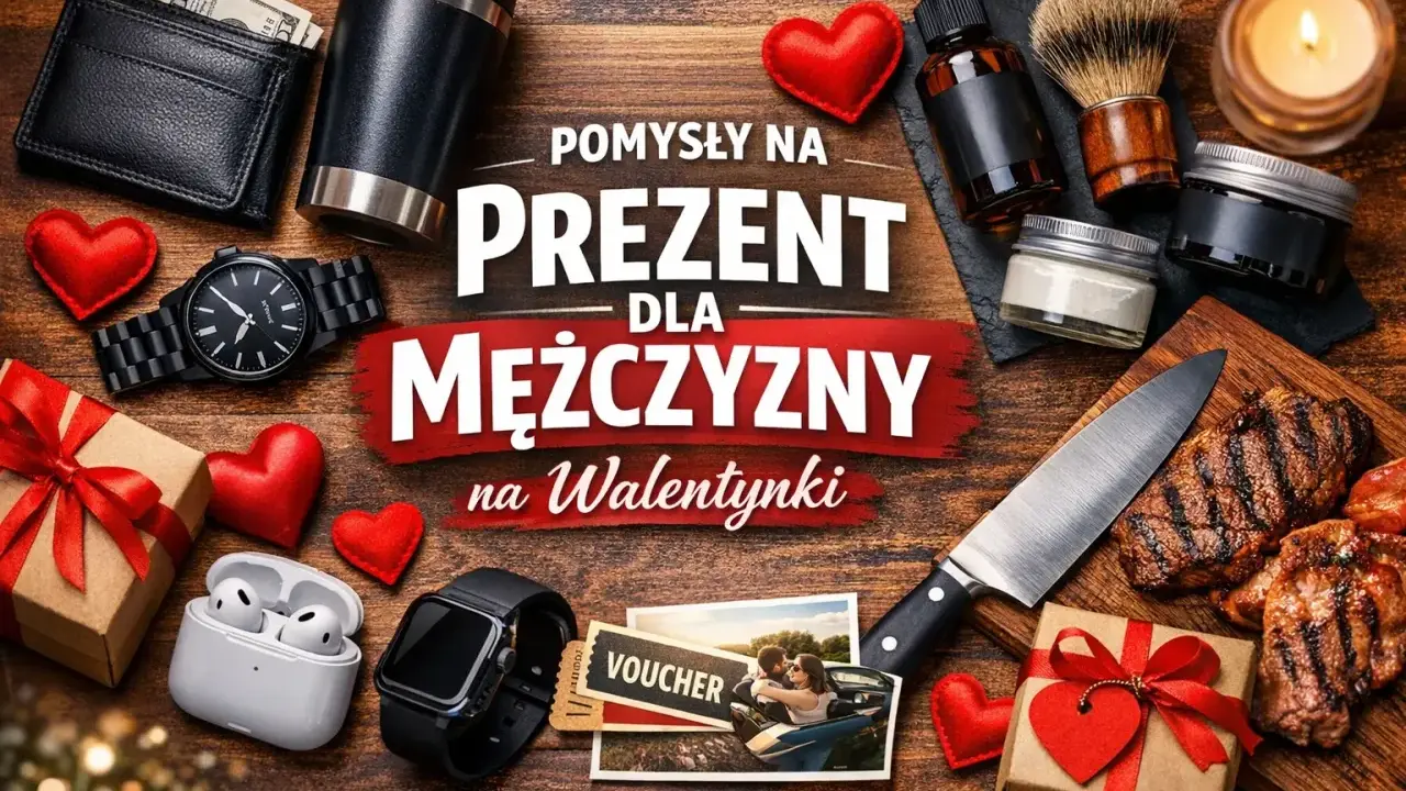 Zestaw prezentów walentynkowych dla mężczyzny: zegarek, słuchawki, portfel, grillowane mięso, kosmetyki.