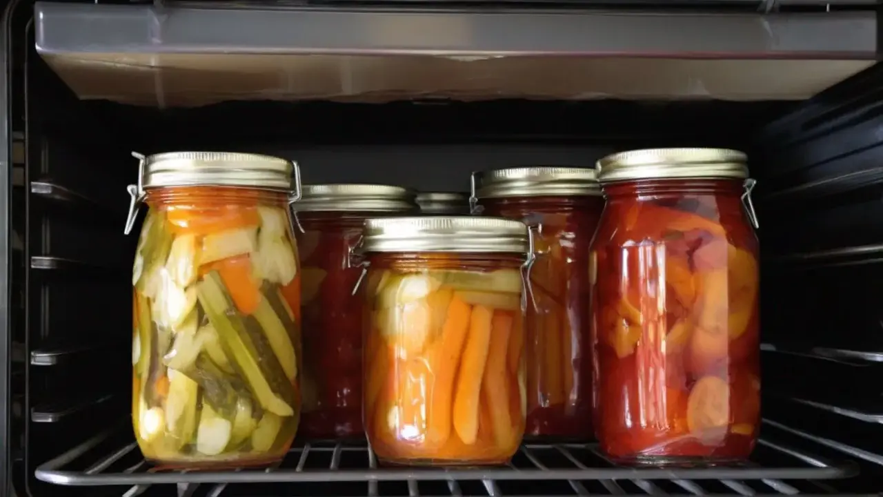 Gläser mit eingelegtem Gemüse, wie Gurken und Karotten, stehen im Ofen. Dies sind leckere Hauptgerichte zum Einkochen, die nach Rezepten zubereitet werden.
