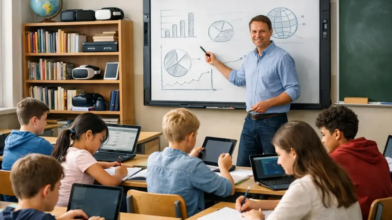 Lehrer erklärt Diagramme an einem Whiteboard, während Schüler mit digitalen Tools wie Laptops und Tablets arbeiten.