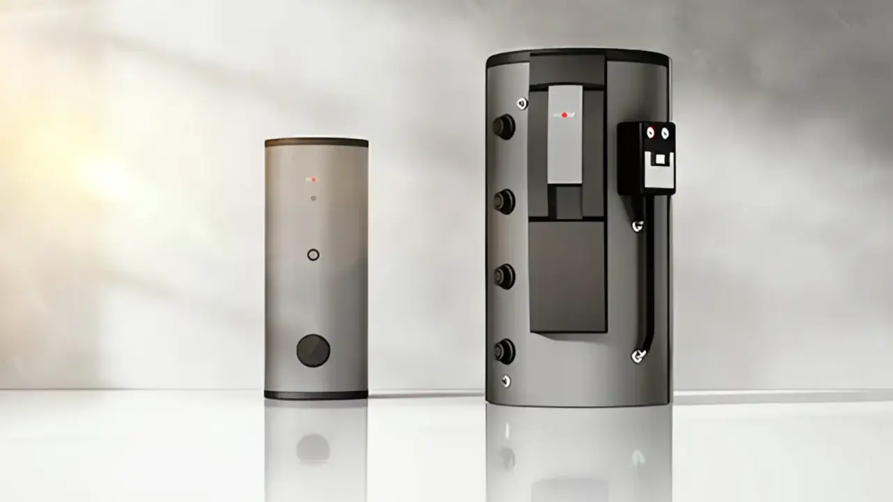 Zwei moderne Warmwasserspeicher, einer davon ein Gastherme Durchlauferhitzer, stehen nebeneinander.