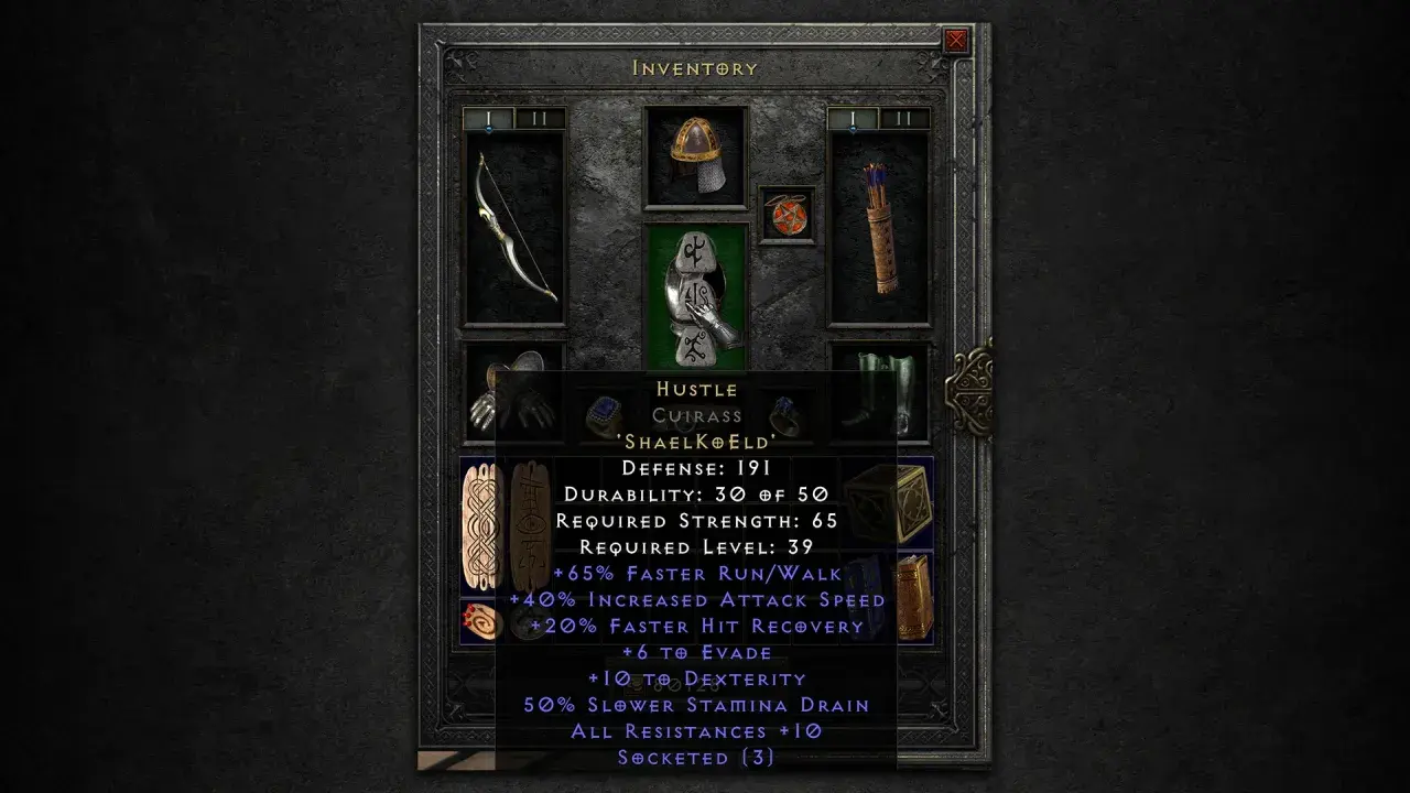 Zbroja "Hustle" z runami w Diablo 2. Szybkość, zwinność i odporność dla bohatera.