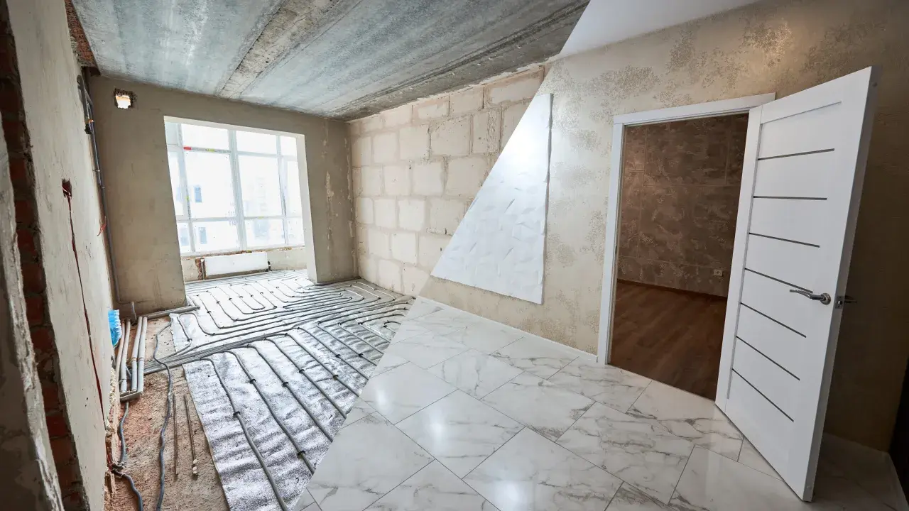Habitación en construcción con suelo de mármol y sistema de calefacción por suelo radiante. El alicatado que es, se ve en el suelo y en la pared.